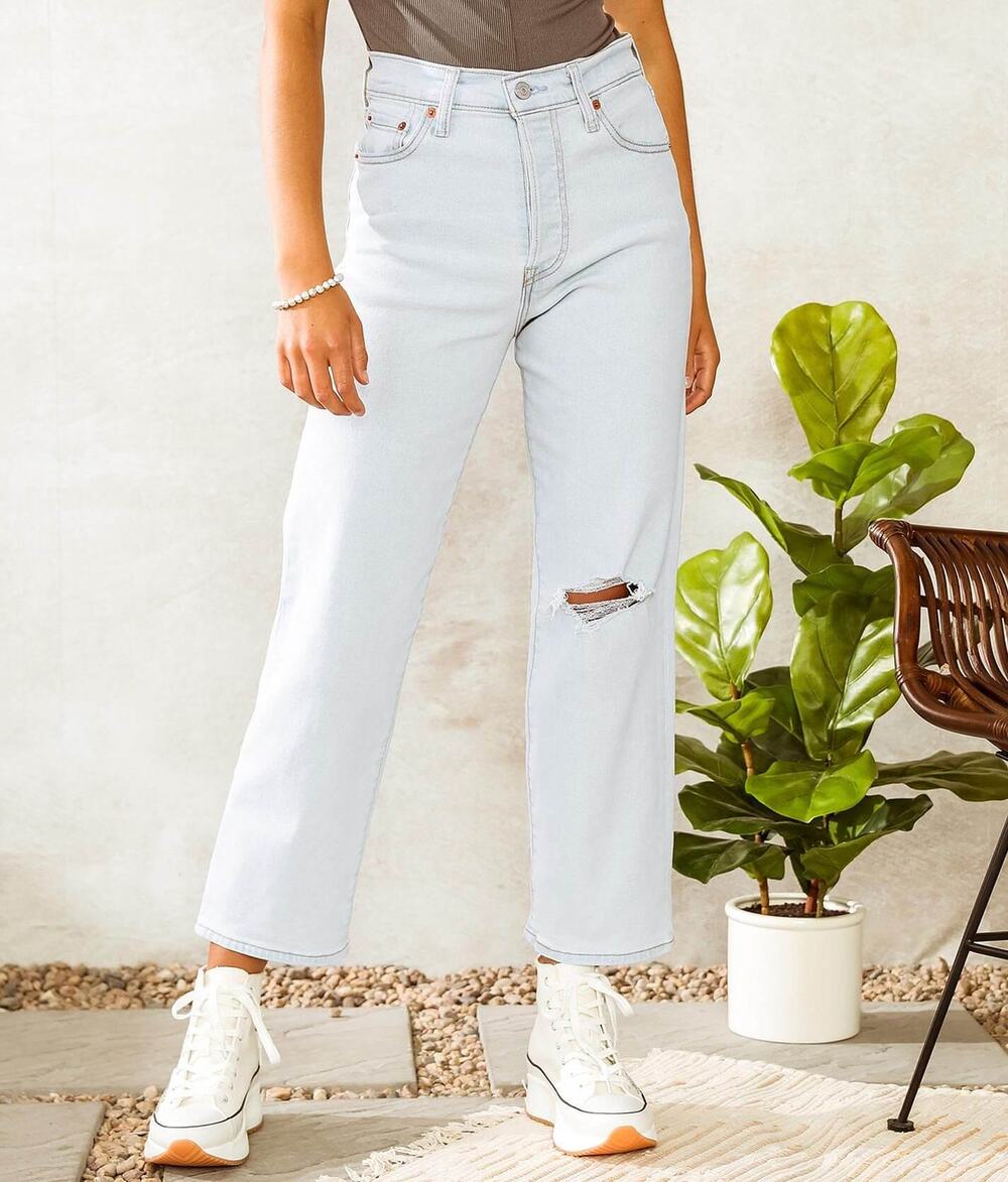 Levis Ribcage Straight Ankle Jeans Summer Space Ripple Medium Wash Blue Women